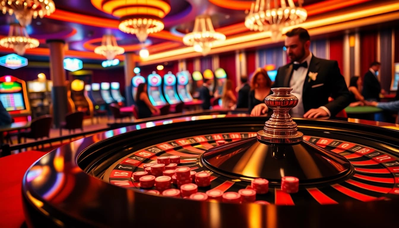 TR88 vibrant roulette scene with players and chips, showcasing excitement in gambling.