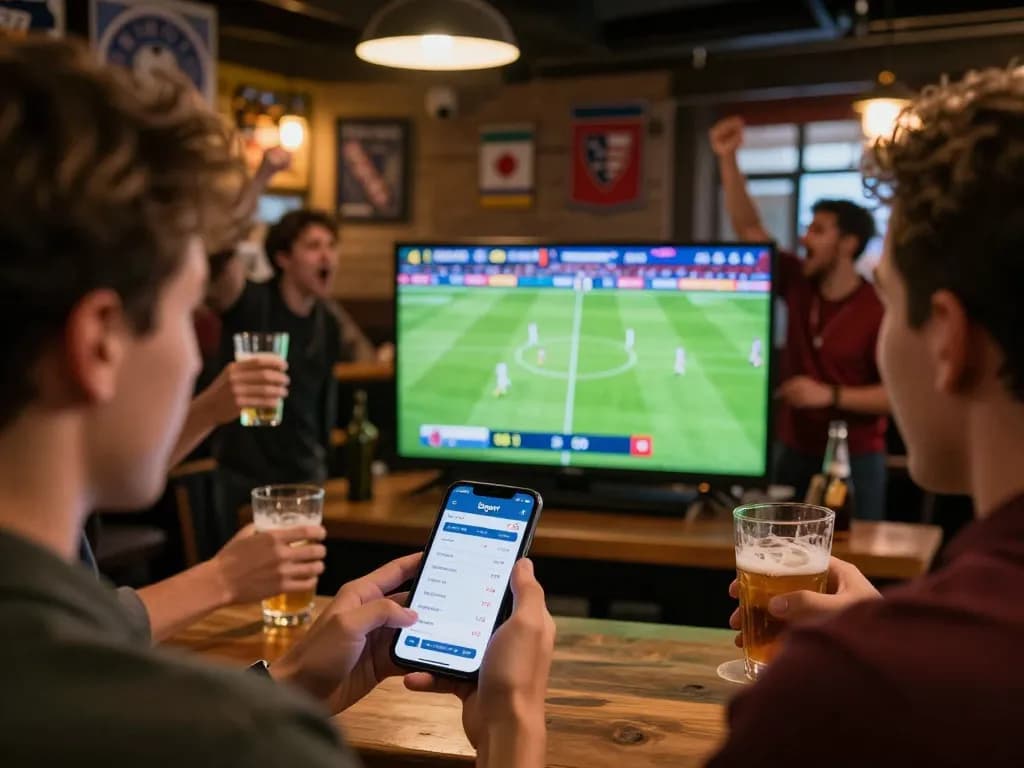 Engaged sports bettor using the Bsport app to place bets during a live football match in a lively sports bar.