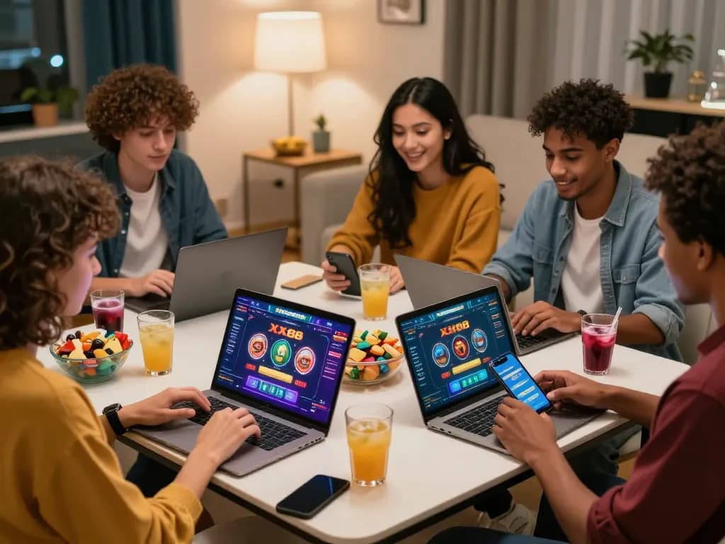 Friends enjoying an online gaming session at https://xx88jp.com/, surrounded by colorful snacks and a stylish decor.