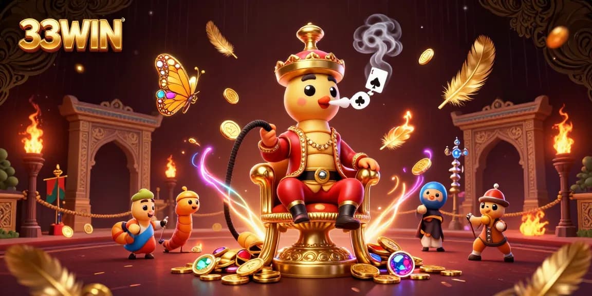 33WIN poker hand symbols form from a whimsical caterpillar in a luxurious casino scene.