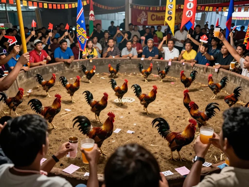 Exciting Ga179 cockfighting event with vibrant arena and cheering spectators.