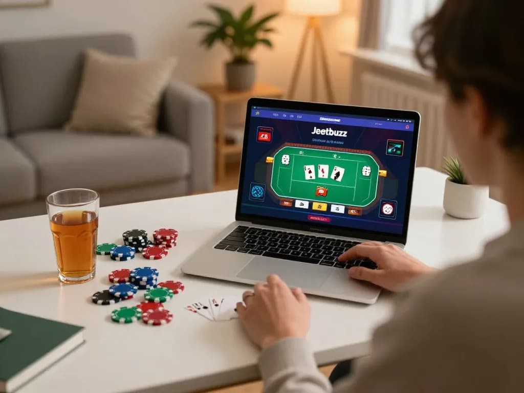 Enjoying the Jeetbuzz online casino app while playing poker from home desk.