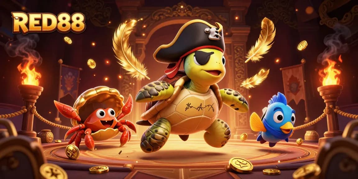 RED88 pirate turtle, crab, and parrotfish celebrate wins over treasure in a vibrant casino scene.