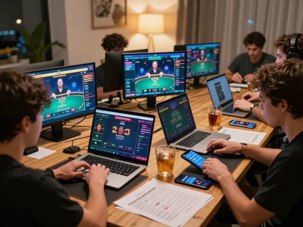 Players engaging in online casino poker strategy in a modern home setting, highlighting tr 88 gaming excitement.