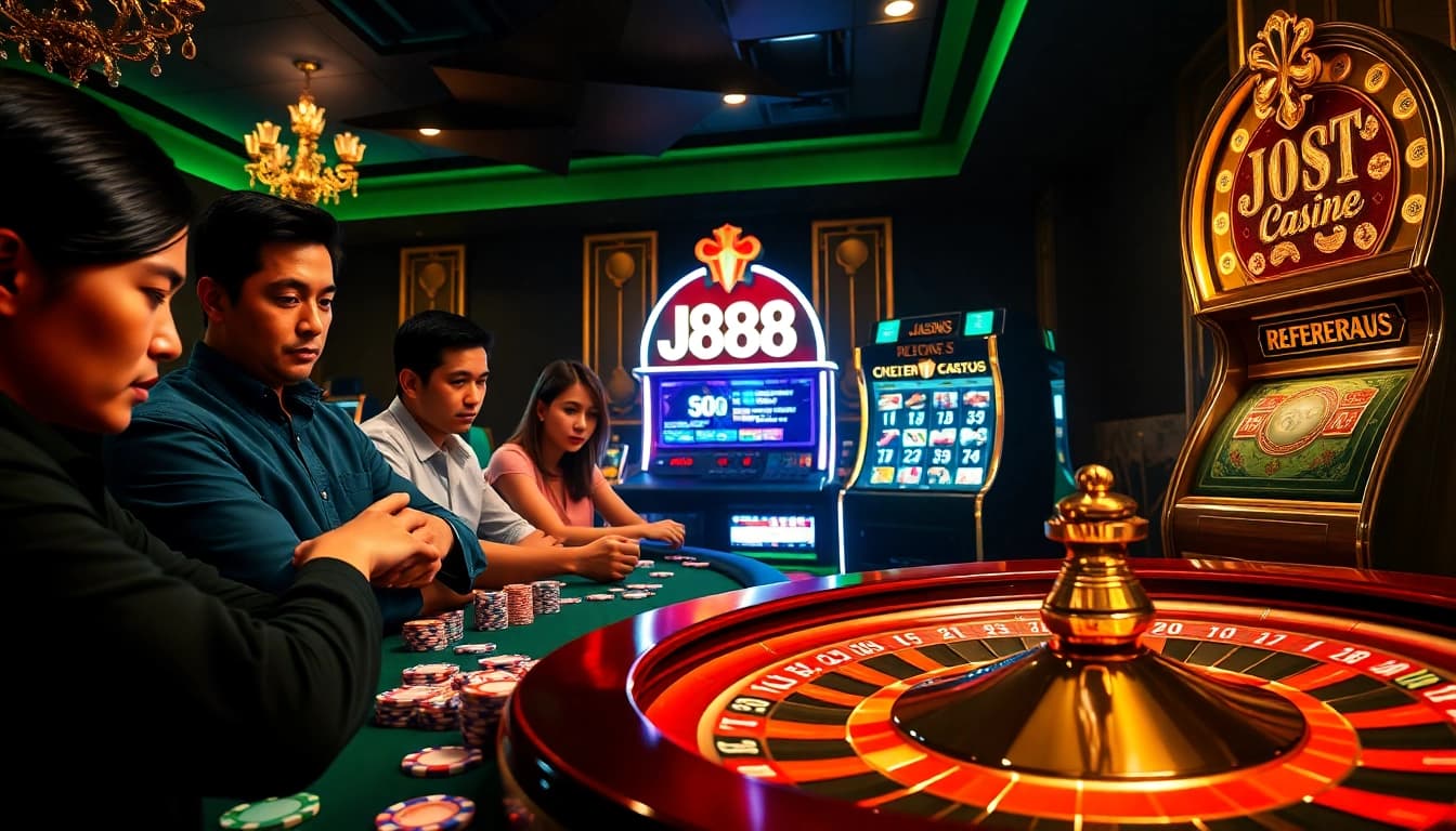 Action-packed gaming session at J88 casino with poker chips and roulette.
