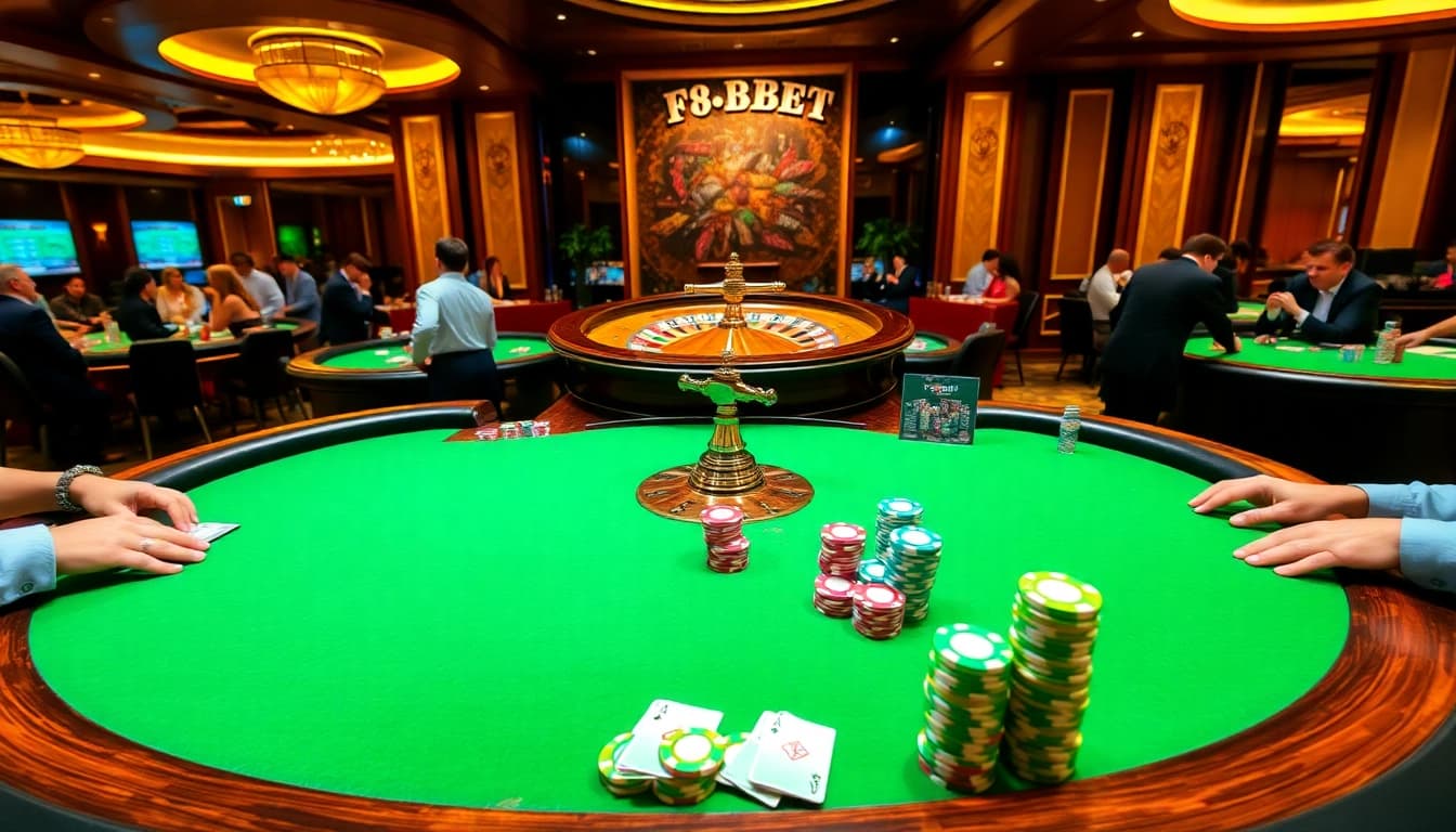 F8BET offers a vibrant casino atmosphere with players enjoying poker games and roulette.
