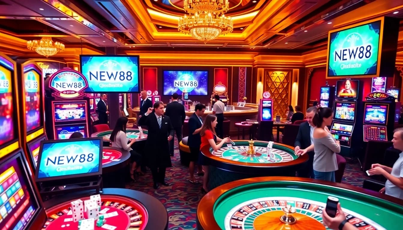 Explore the thrilling atmosphere of the casino at https://fnew88.com/, with players enjoying slot machines and poker tables.