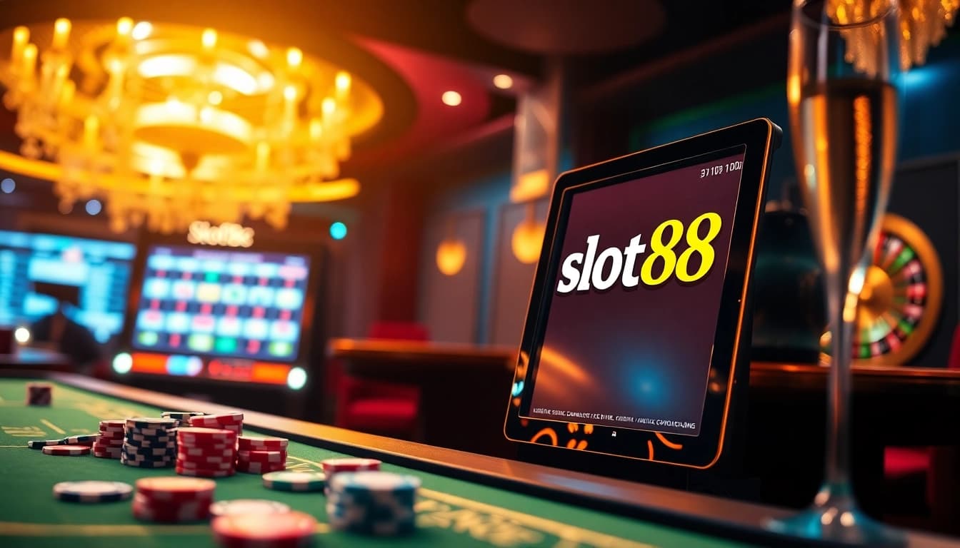 Pengalaman bermain slot88 yang menarik dengan suasana kasino yang hidup dan elemen mewah.