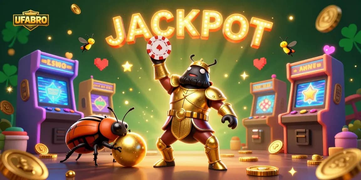 Experience the excitement of UFABRO with the victorious hercules beetle, jackpots, and vibrant casino elements.