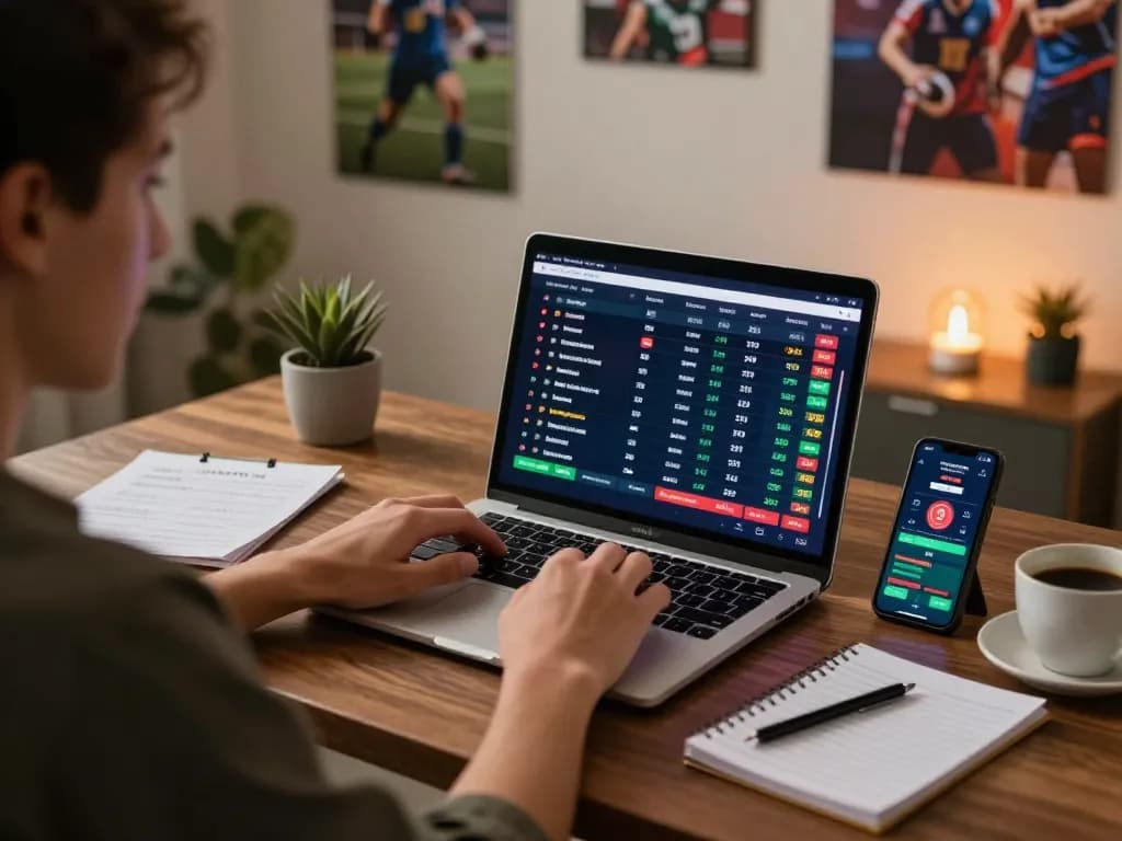 Engaging online betting scene showcasing kèo nhà cái while using a laptop and smartphone.