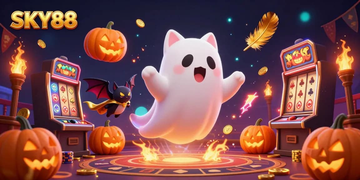 Experience the enchanting world of SKY88, where a ghost cat and a bat play amidst vibrant slot machines and glowing poker pumpkins.