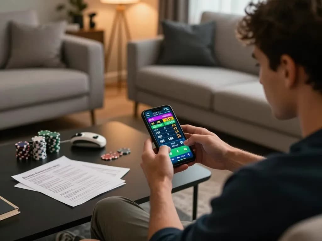 Experience sports betting on https://keonhacai5.mobi/ with a player analyzing odds on a smartphone, showcasing strategic engagement.