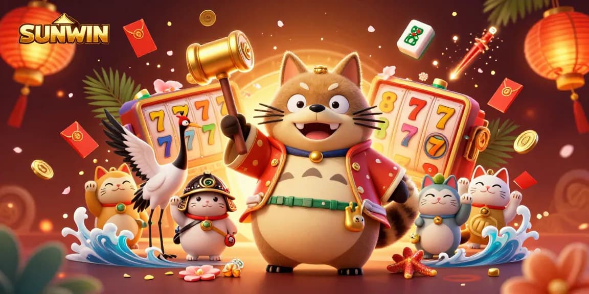 SUNWIN's animated characters celebrating casino success with vibrant slot reels and festive elements in the background.