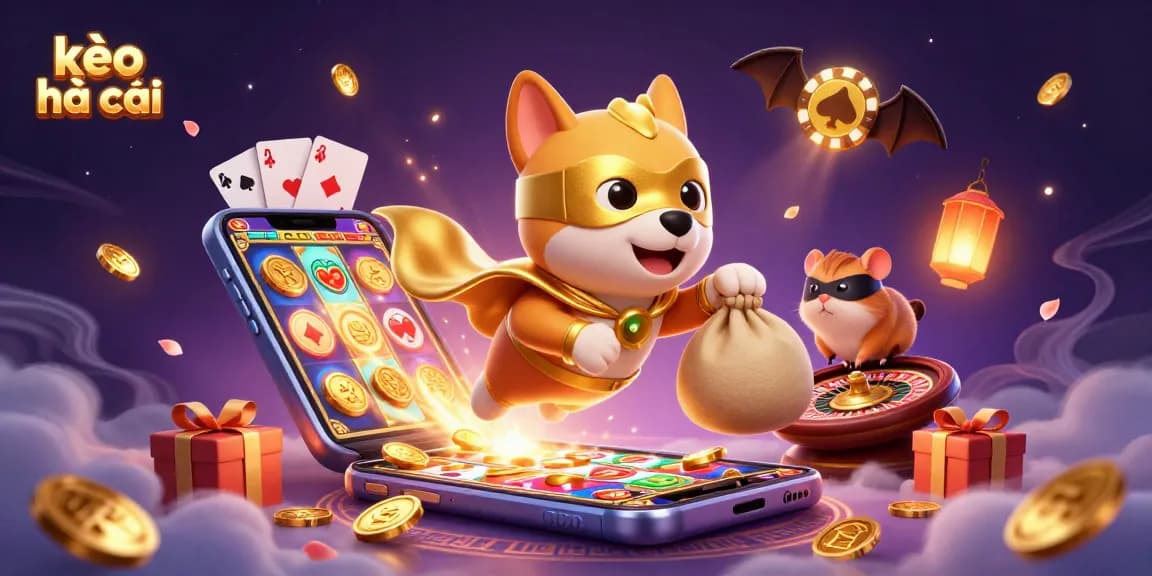 Experience kèo nhà cái excitement with a 3D superhero dog flying amid gold coins and casino games.