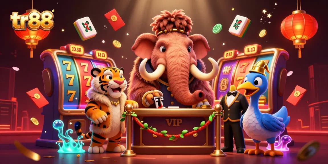 tr88 casino scene featuring a mammoth bouncer, a VIP tiger guest, and a dodo doorman.