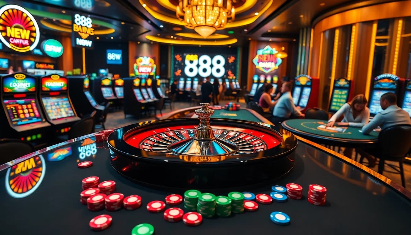 Engaging atmosphere at 888 NEW casino with vibrant roulette and poker action.