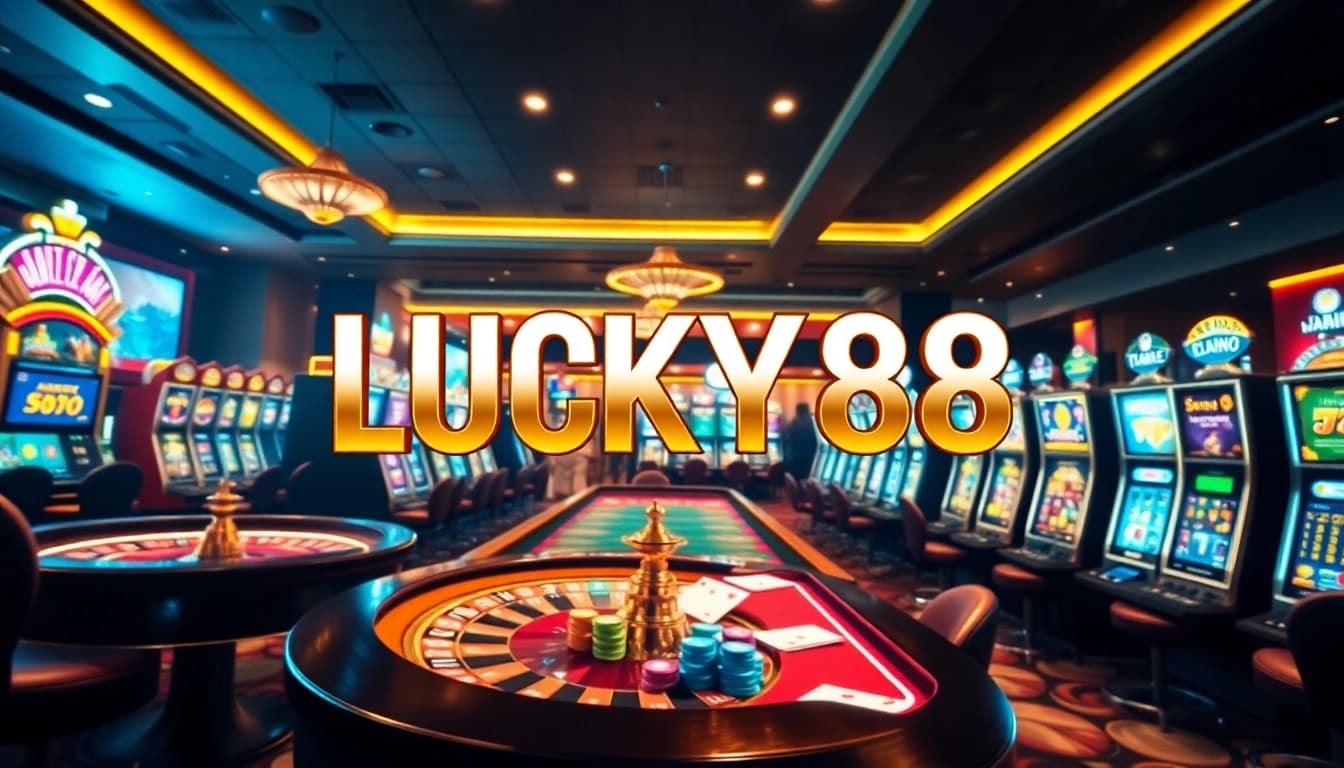 LUCKY88 casino scene featuring vibrant roulette wheels, poker games, and slot machines.