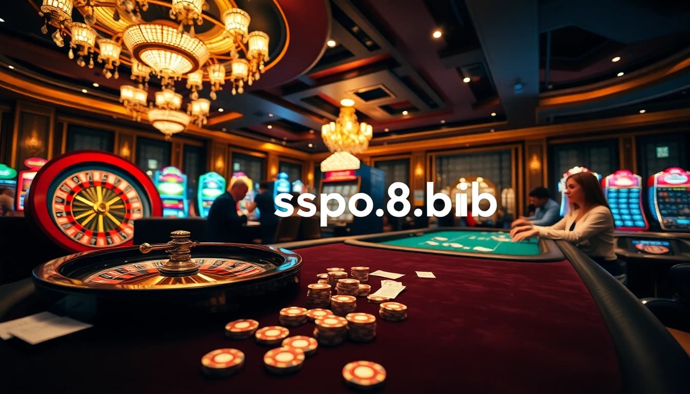 Experience the excitement of gambling at https://sp8.biz/ with vibrant casino elements including slot machines and poker tables.