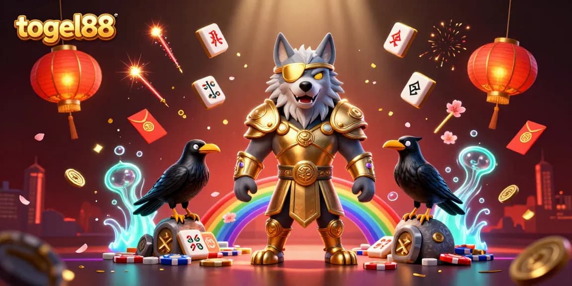 Engage with togel88 through a vibrant 3D illustration featuring mythical characters and casino elements.