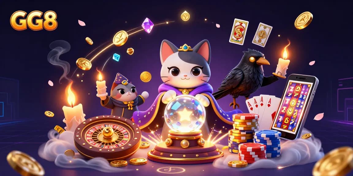 Win big with GG8 at the casino, illustrated by a mystical cat and glowing raven amidst rich gaming elements.