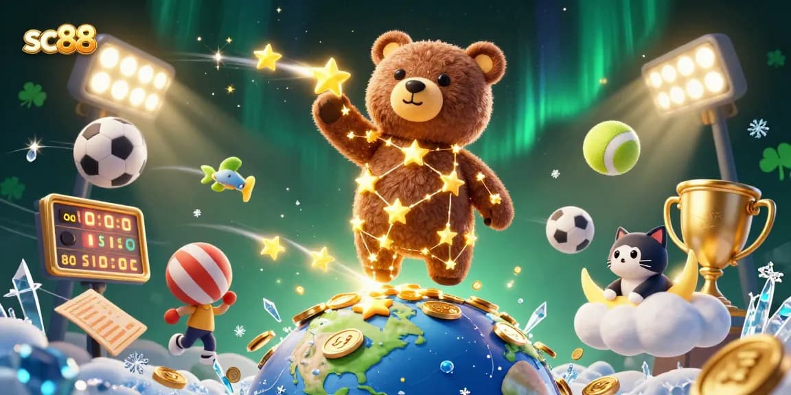 Experience thrilling bets and wins at sc88 with a cosmic bear and dynamic sports elements in a vibrant night sky.