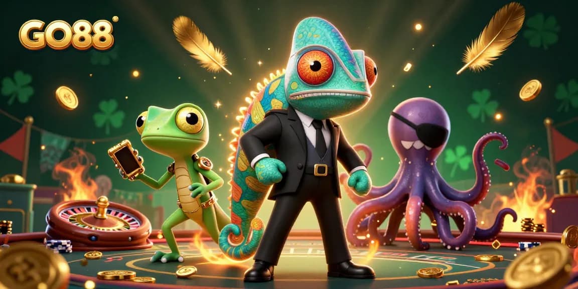 Experience the excitement of GO88 with a thrilling casino scene featuring colorful characters and dynamic gaming elements.