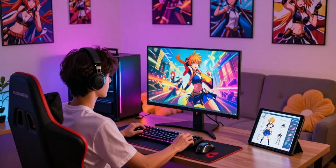 Engaging scene of a player enjoying an ecchi game on a vibrant gaming setup.