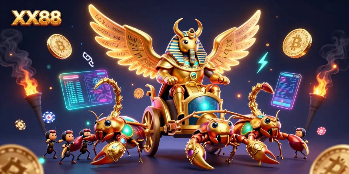Engage with XX88's vibrant casino scene featuring slots, crypto coins, and lively characters.