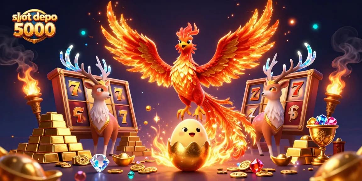 Experience thrilling wins with slot depo 5000 featuring a phoenix and treasures in this vibrant casino scene.