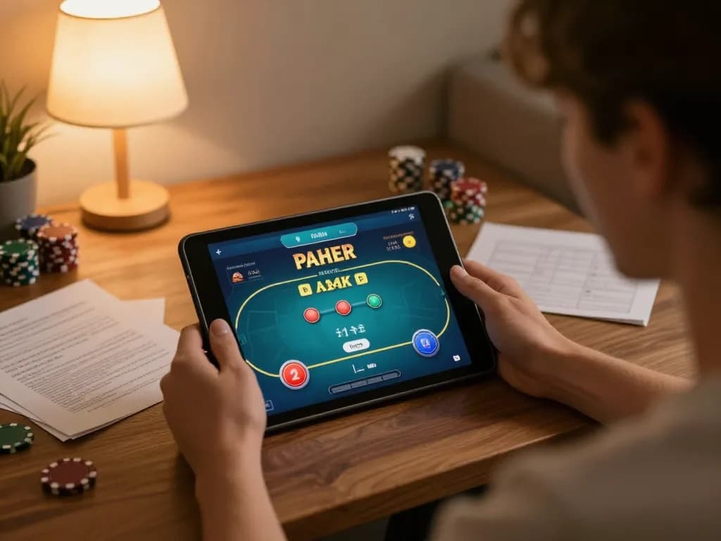 Player enjoying poker on FC88 online casino app with strategy notes around