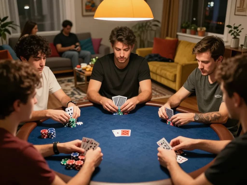 Pemain EKOTOTO menikmati malam poker strategis di rumah, memperlihatkan chip dan kartu dalam suasana yang hidup