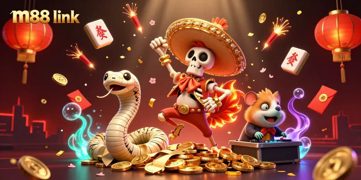 Experience the thrilling m88 link as a skeleton mariachi dances among golden coins in a vibrant casino scene.