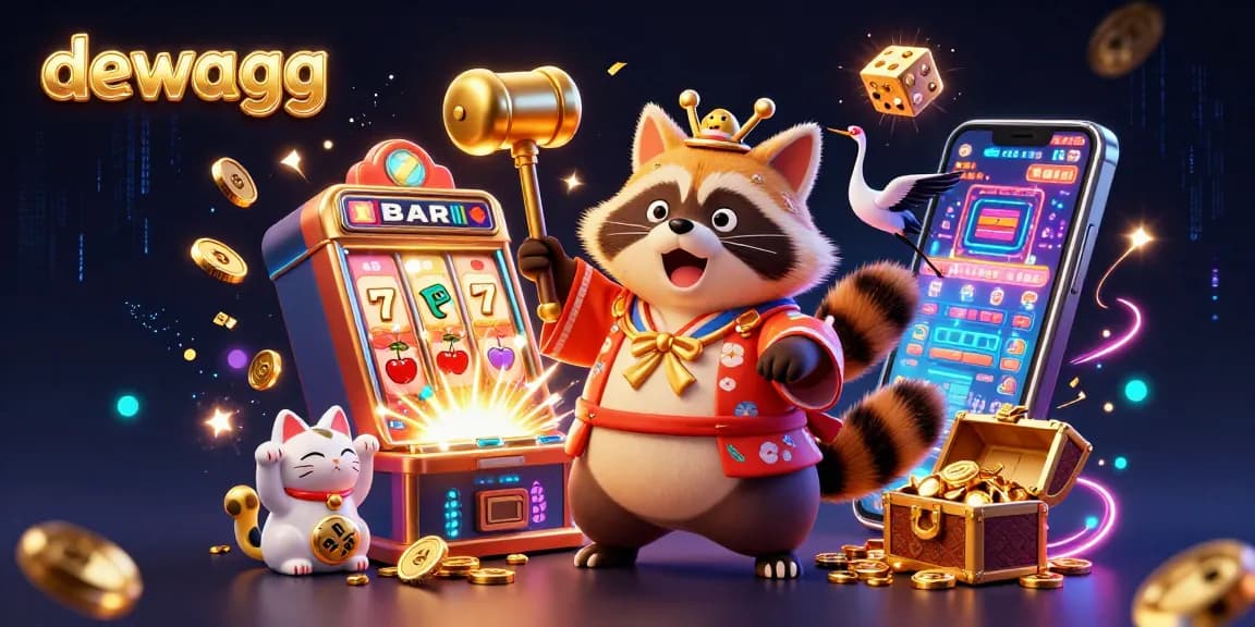Dewagg offers exciting online gaming with a cheerful tanuki and lucky symbols in the promotional illustration.