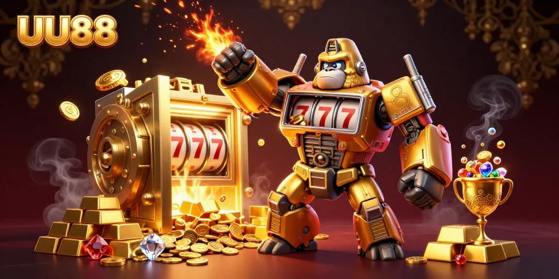 Engage with UU88's dynamic slot gaming experience featuring a golden mech gorilla and treasures.