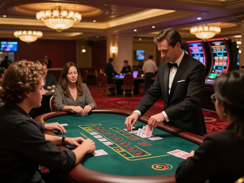 Players placing bets at RR88 blackjack table in an upscale casino setting.