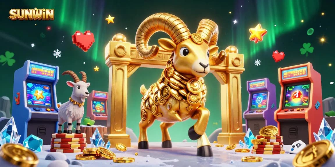 SUNWIN invites players to experience vibrant casino games with a golden ram charging amidst colorful arcade machines.