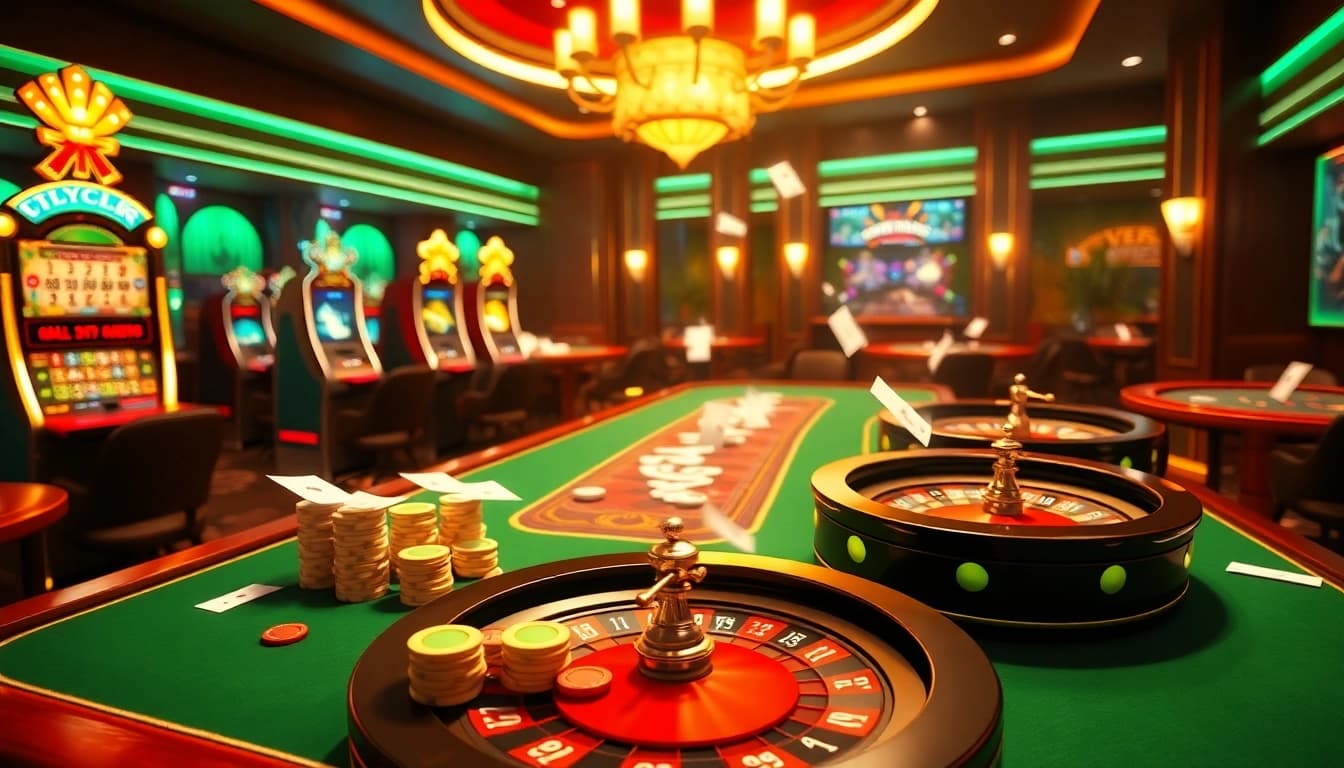 Experience thrilling online gambling at https://nk88s.com/ with vibrant casino visuals featuring poker chips and roulette wheels.