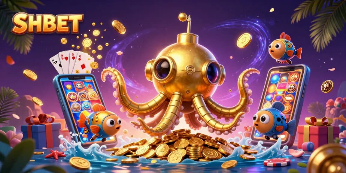 Experience SHBET's thrilling 3D casino adventure with a golden kraken submarine, slots, and vibrant game elements.