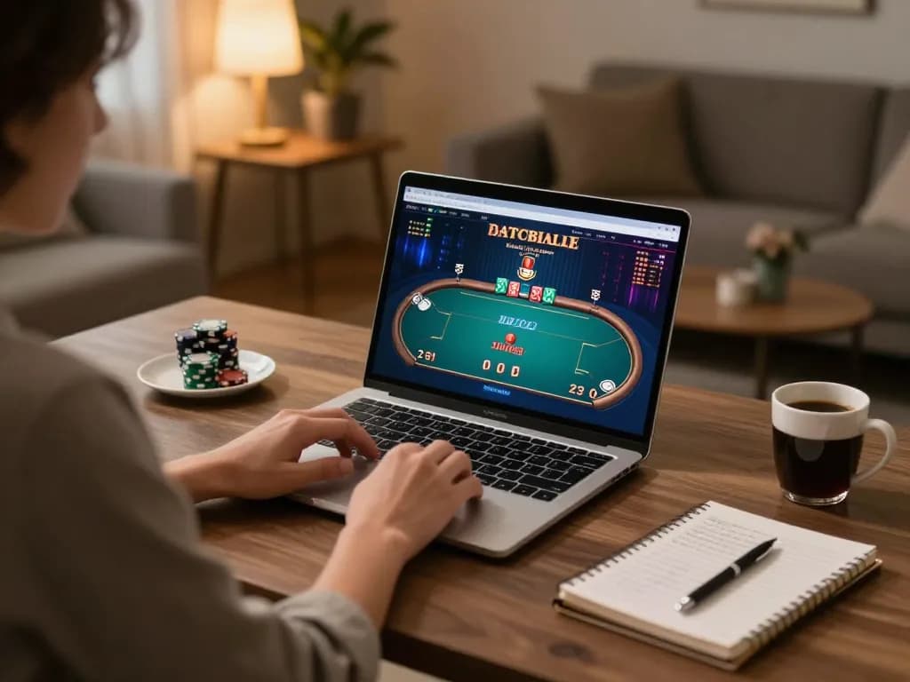 RIK VIP gamer using laptop at home, featuring strategic poker gameplay and cozy atmosphere.