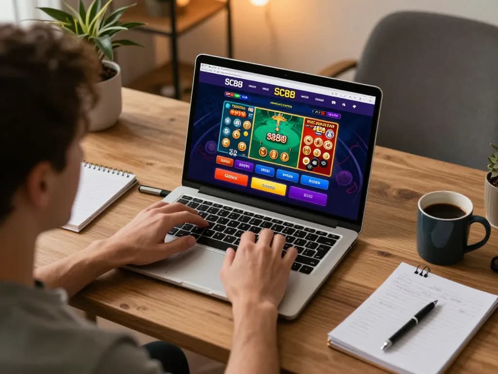 Engaging with SC88 online casino gaming on a laptop, showcasing poker and slots options in a cozy setting.