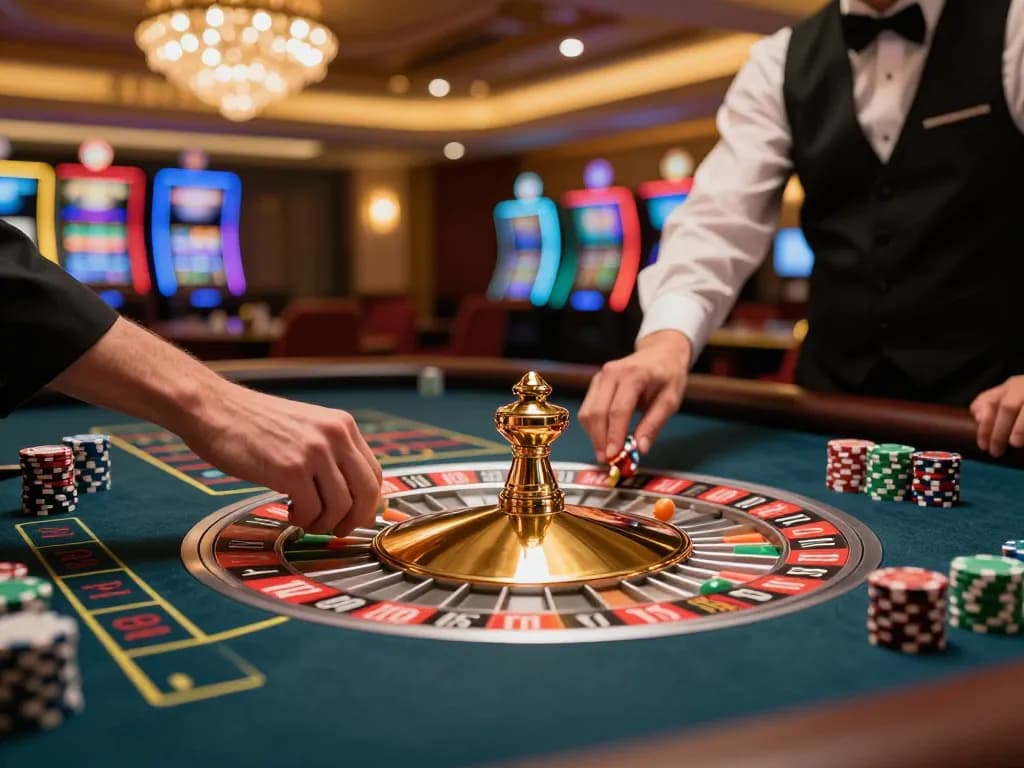 MB66 players placing bets at an exciting roulette table in a luxurious casino setting.