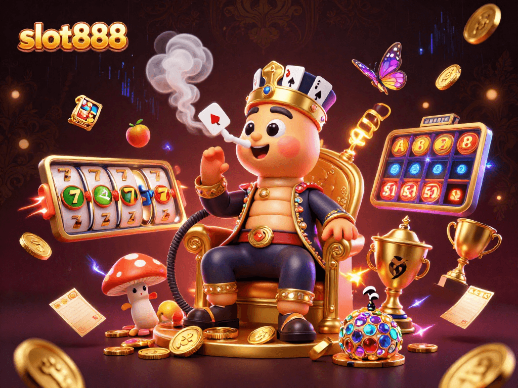 Menangkan permainan slot888 dengan jackpot berkilau dan simbol kemenangan pada ilustrasi menarik ini.