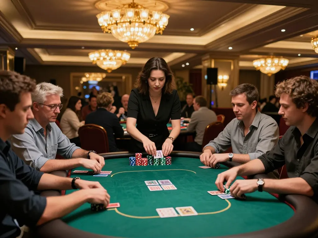 Players engaged at the poker table in okking nhà cái casino, capturing the excitement of high-stakes gambling.