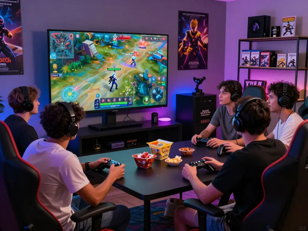 Group of friends enjoying competitive gaming on fabetz88.com in a vibrant, dynamic gaming environment.