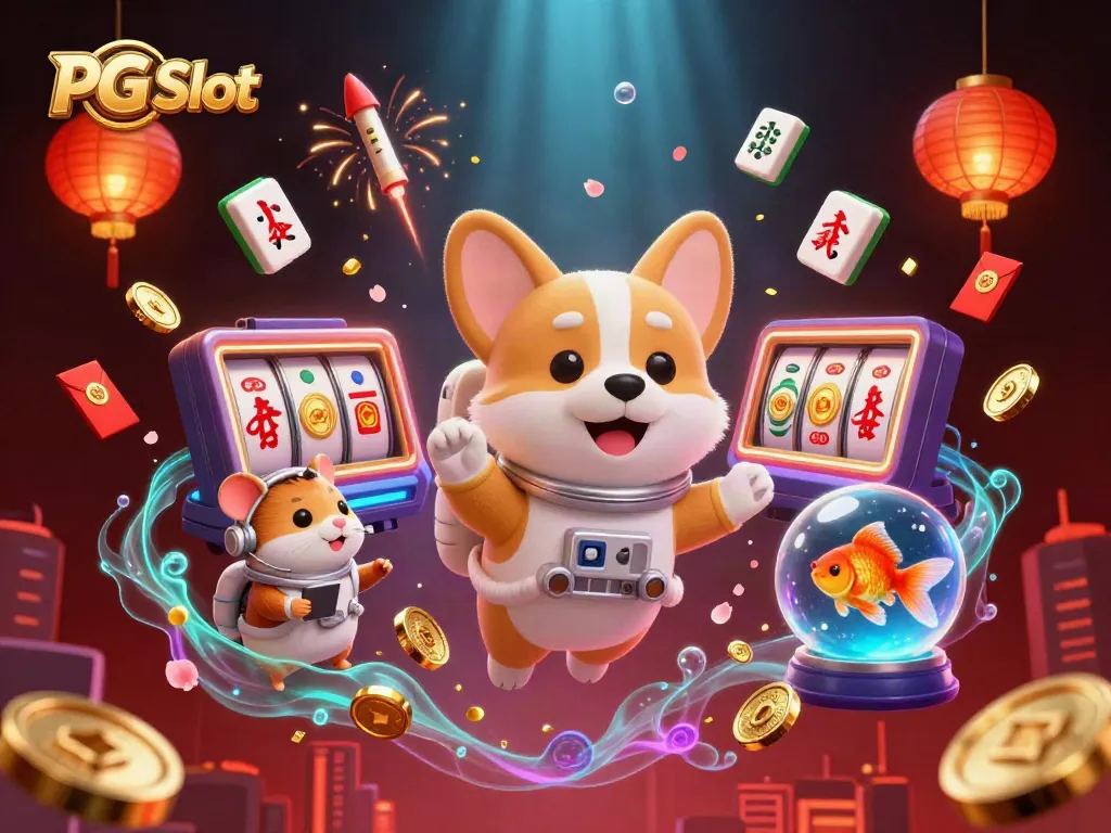 Experience the thrill of PG Slot with a whimsical 3D floating casino scene featuring animated characters and vibrant elements.