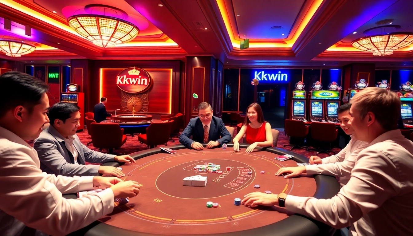Kkwin casino table showcasing players celebrating wins with vibrant poker chips and stylish decor.