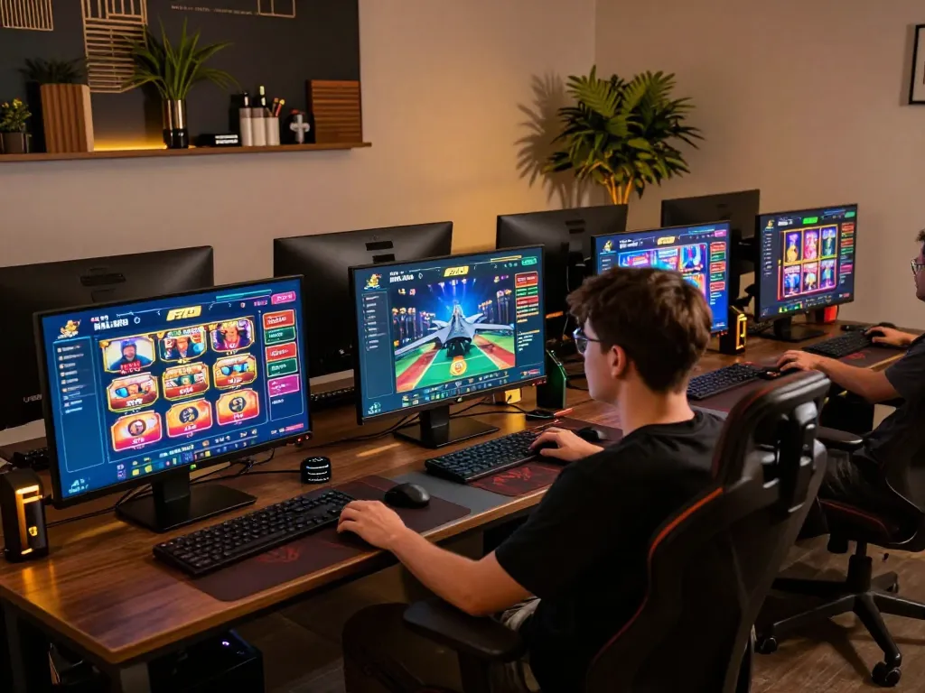 Engaging online gambling experience at F168 with multiple screens displaying dynamic games and strategic gameplay.