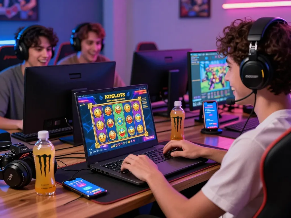 Engaging with kdslot online gaming platform in a cozy setting, showcasing colorful slot graphics and gaming accessories.