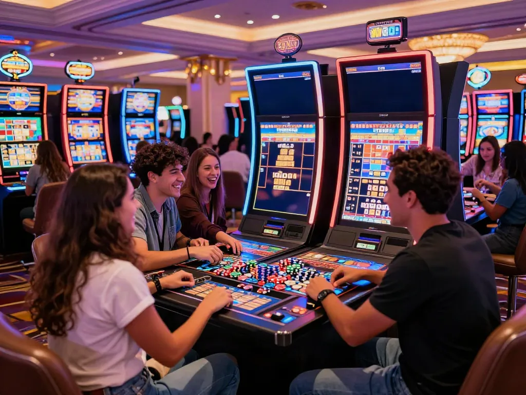 Exciting casino gaming scene with friends playing Lucky777 slot machines in vibrant Las Vegas atmosphere.