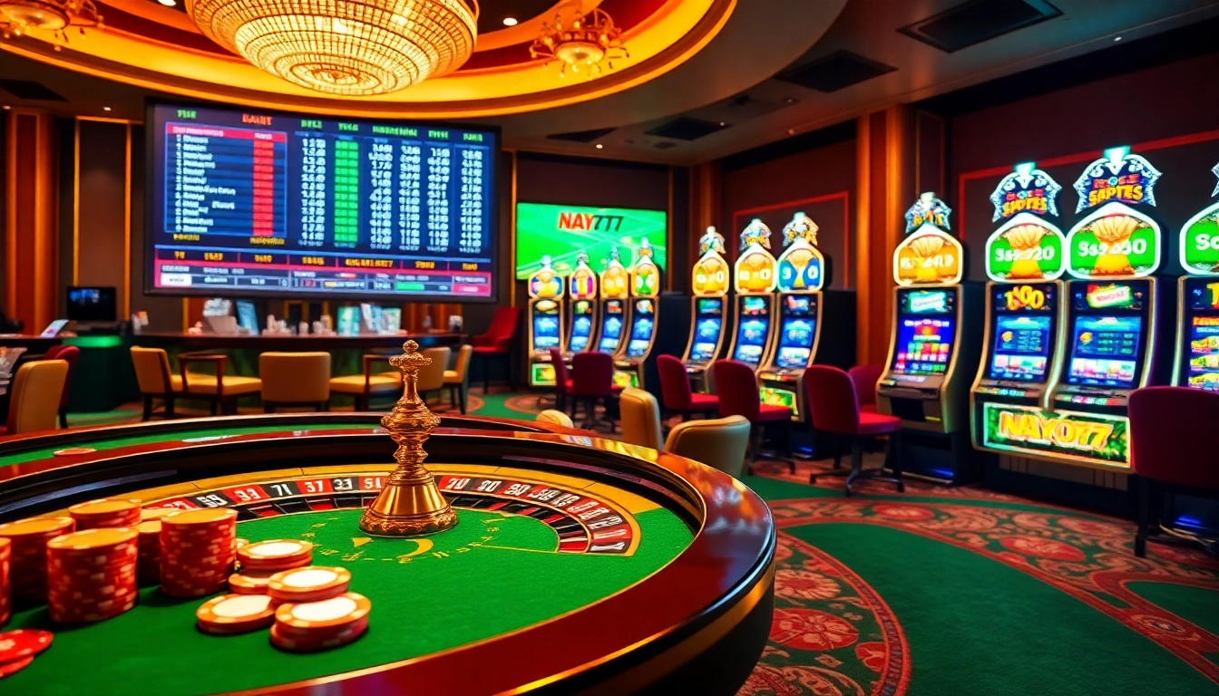 NA777 gamblers enjoying a high-stakes poker table with vibrant chips and cards in a luxury casino atmosphere.